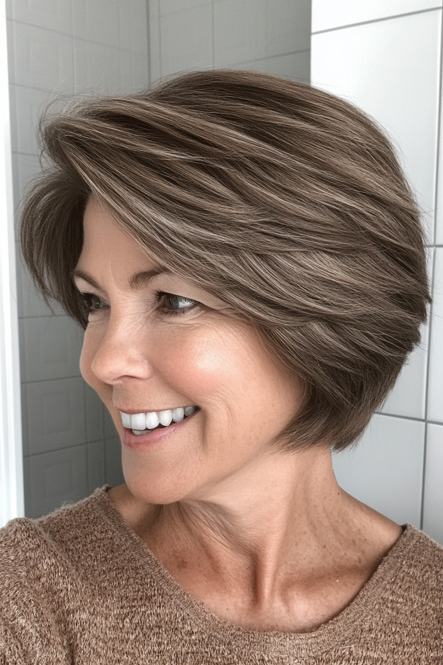 14. Soft Mocha Layered Cut with Crown Lift (Short Layered Haircuts For Women Over 60) - Short Layered Haircuts For Women Over 60
