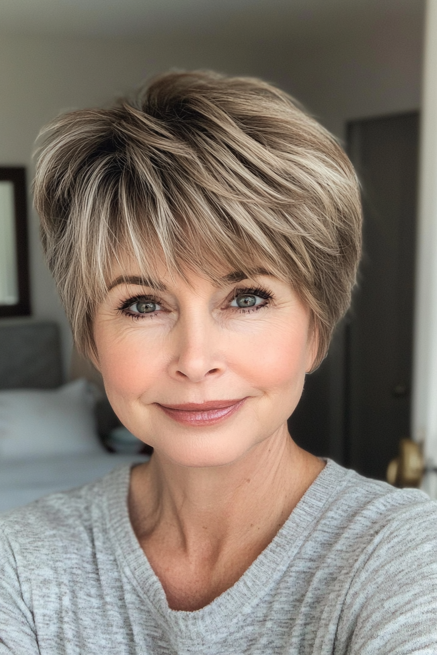 16. Light Brown Cropped Cut with Layered Bangs (Short Layered Haircuts For Women Over 60) - Short Layered Haircuts For Women Over 60