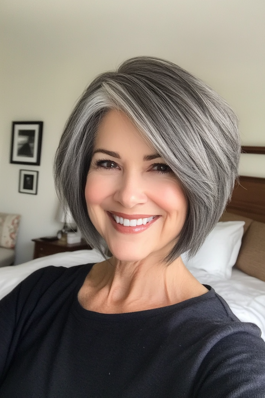 17. Charcoal Gray Layered Bob with Side Part (Short Layered Haircuts For Women Over 60) - Short Layered Haircuts For Women Over 60