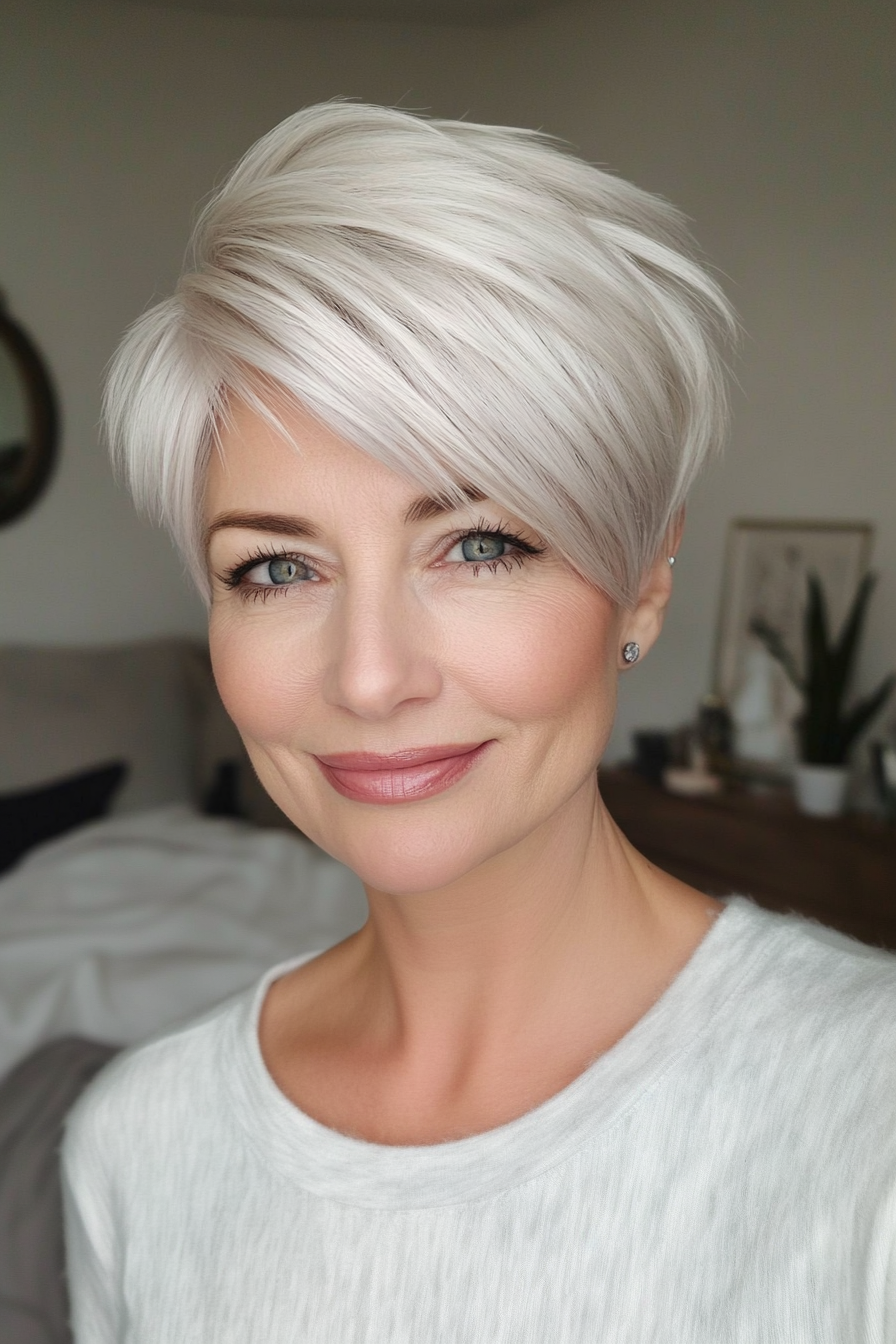 19. Icy Platinum Layered Pixie with Tapered Neckline (Short Layered Haircuts For Women Over 60) - Short Layered Haircuts For Women Over 60
