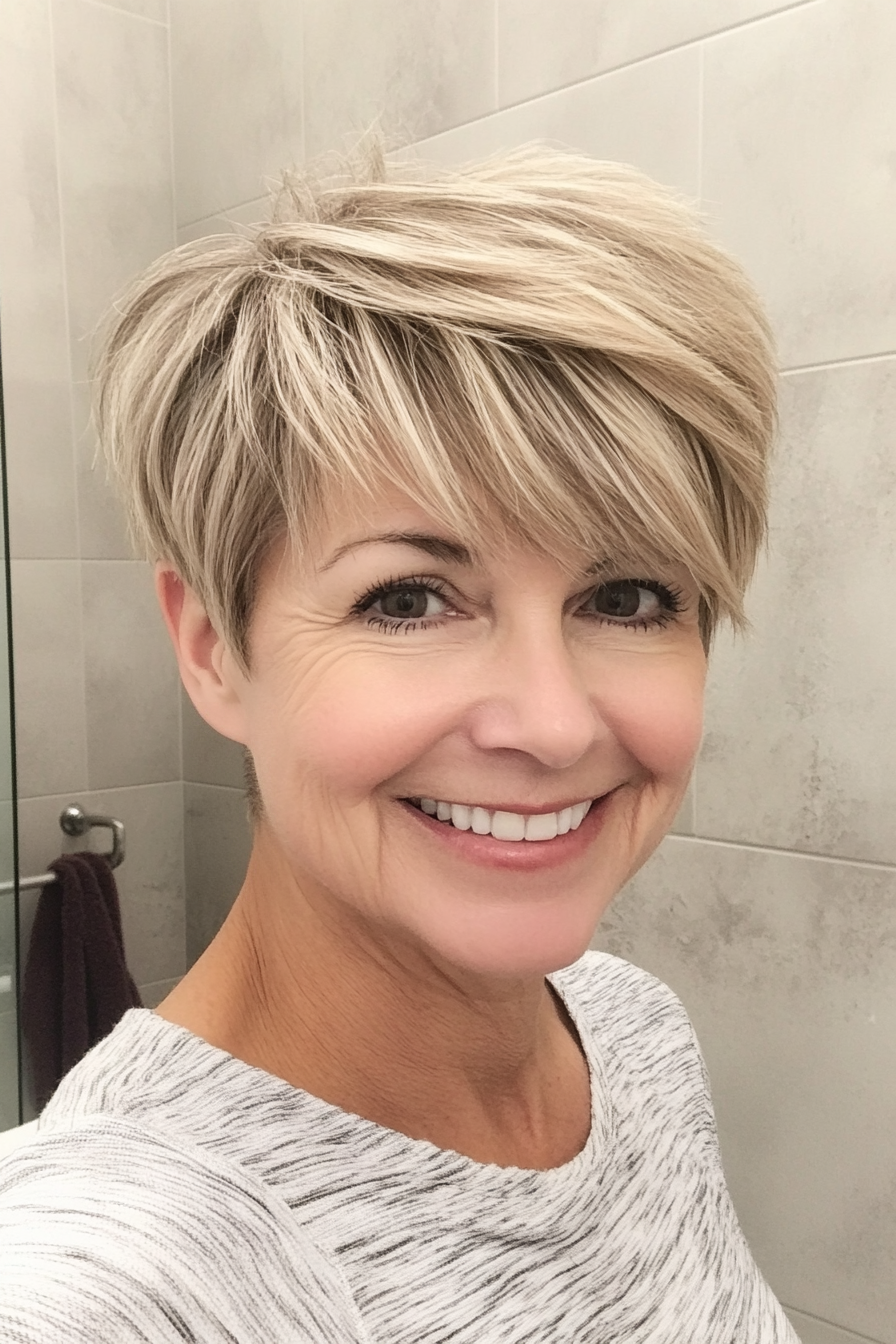20. Soft Beige Blonde Layered Crop with Long Top (Short Layered Haircuts For Women Over 60) - Short Layered Haircuts For Women Over 60