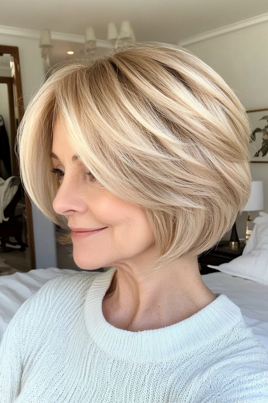 22. Honey Blonde Short Bob with Feathered Layers (Short Layered Haircuts For Women Over 60) - Short Layered Haircuts For Women Over 60