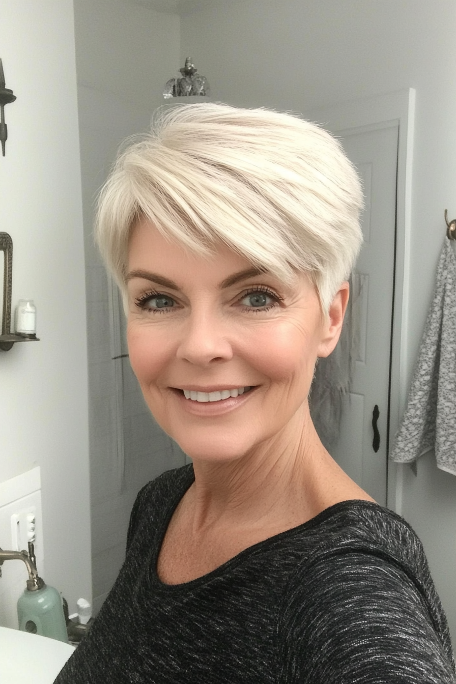 23. White Blonde Tapered Pixie with Lifted Layers (Short Layered Haircuts For Women Over 60) - Short Layered Haircuts For Women Over 60
