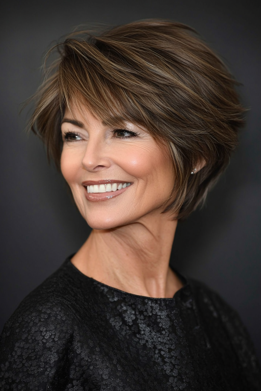 24. Neutral Brown Layered Lob with Shortened Back (Short Layered Haircuts For Women Over 60) - Short Layered Haircuts For Women Over 60