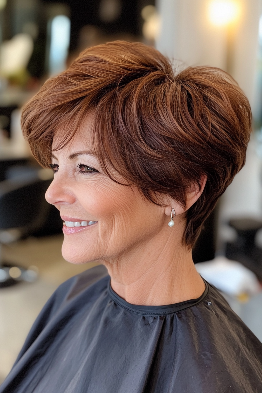 25. Cinnamon Brown Crop with Subtle Fringe Layers (Short Layered Haircuts For Women Over 60) - Short Layered Haircuts For Women Over 60