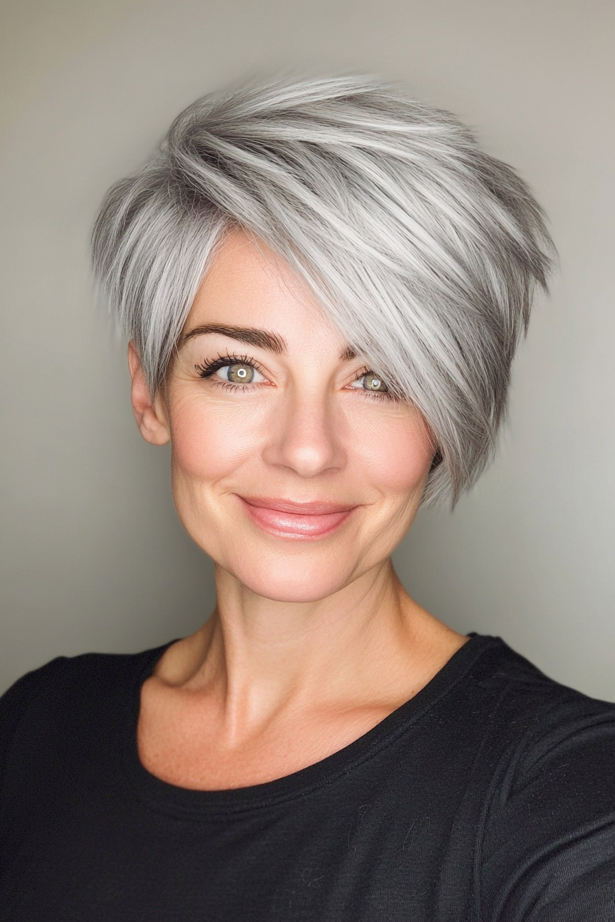 26. Soft Gray Layered Pixie with Side Layers (Short Layered Haircuts For Women Over 60) - Short Layered Haircuts For Women Over 60