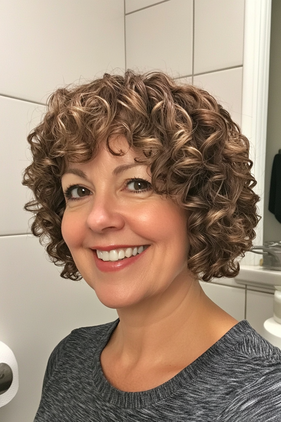 1. Soft Layered Bob with Ash Brown Curls (Short Curly Haircuts For Older Women) - Short Curly Haircuts For Older Women