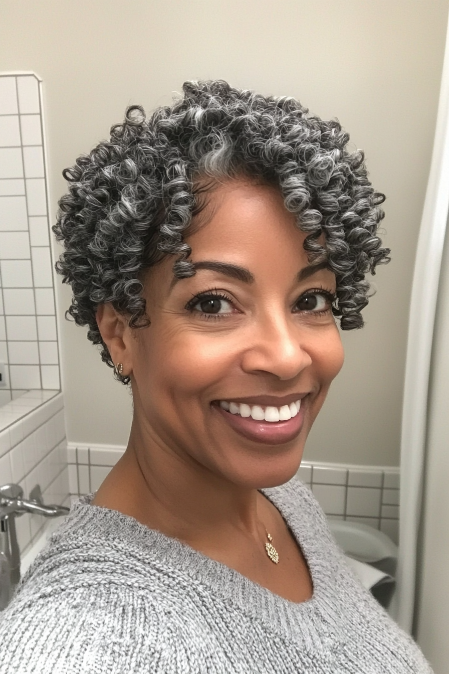 2. Salt-and-Pepper Round Cut with Tight Curls (Short Curly Haircuts For Older Women) - Short Curly Haircuts For Older Women