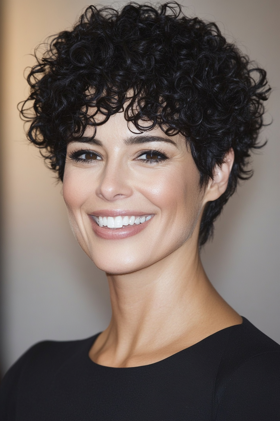 3. Textured Pixie with Natural Black Curls (Short Curly Haircuts For Older Women) - Short Curly Haircuts For Older Women