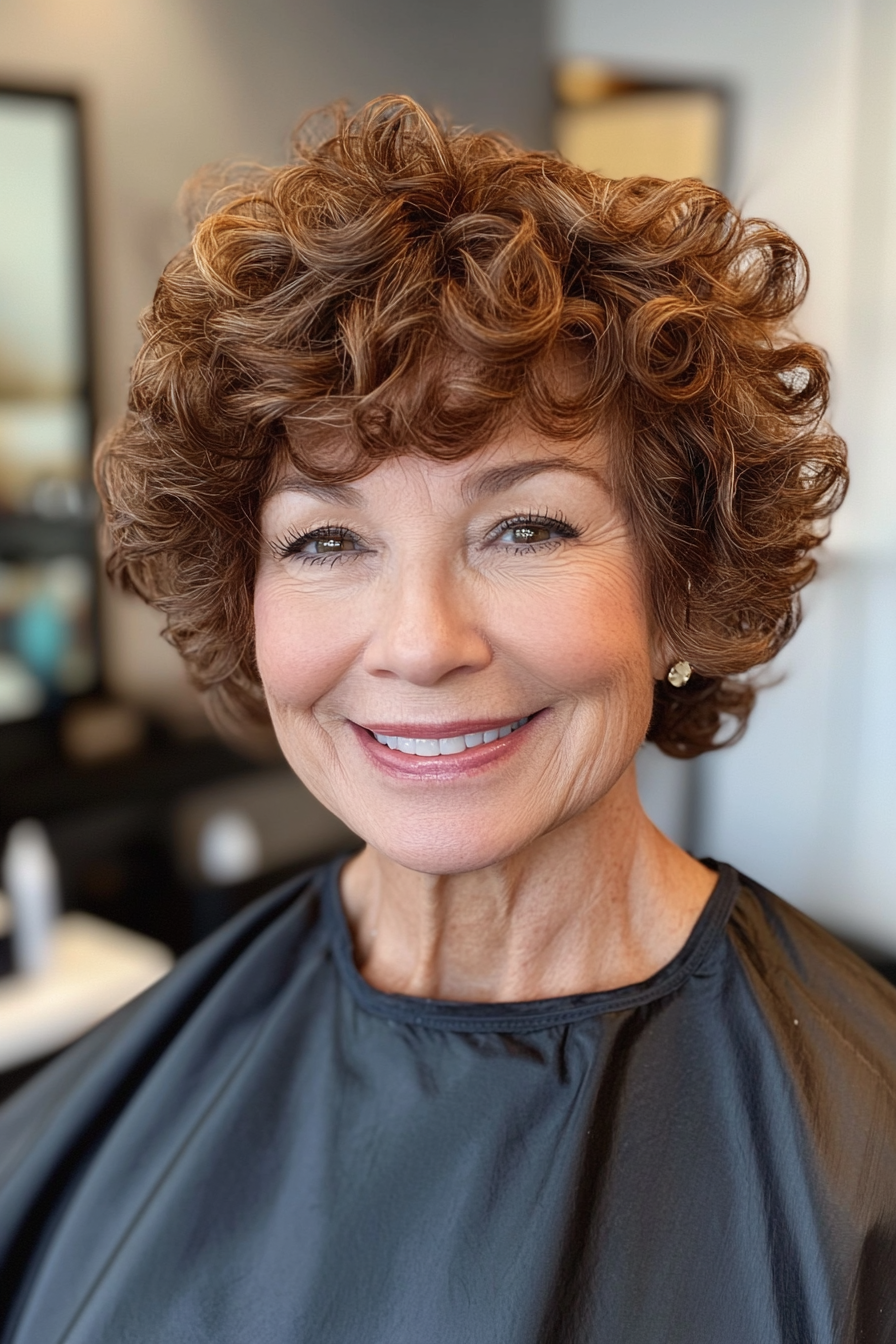 4. Warm Chestnut Curly Crop with Volume (Short Curly Haircuts For Older Women) - Short Curly Haircuts For Older Women