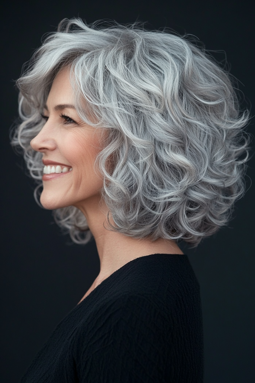 5. Silver Feathered Bob with Loose Curls (Short Curly Haircuts For Older Women) - Short Curly Haircuts For Older Women