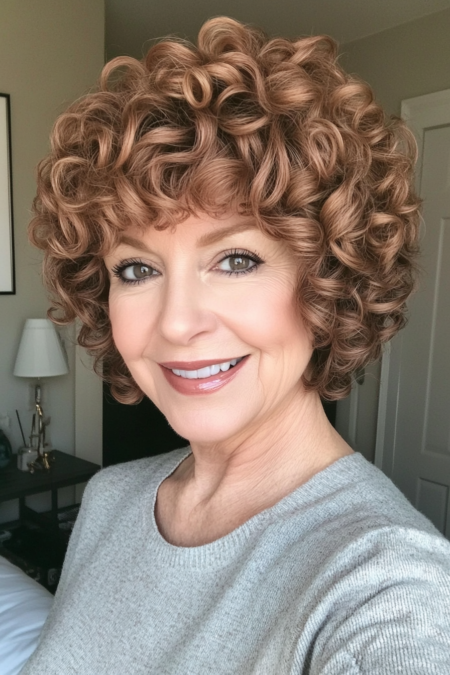 6. Cinnamon Curly Wedge Cut (Short Curly Haircuts For Older Women) - Short Curly Haircuts For Older Women