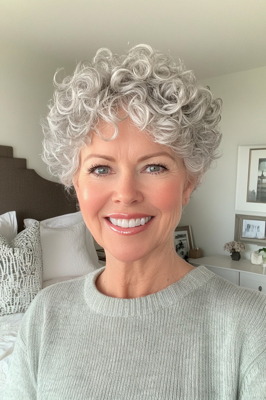 13. Volumized Pixie with Silver Ringlets (Short Curly Haircuts For Older Women) - Short Curly Haircuts For Older Women