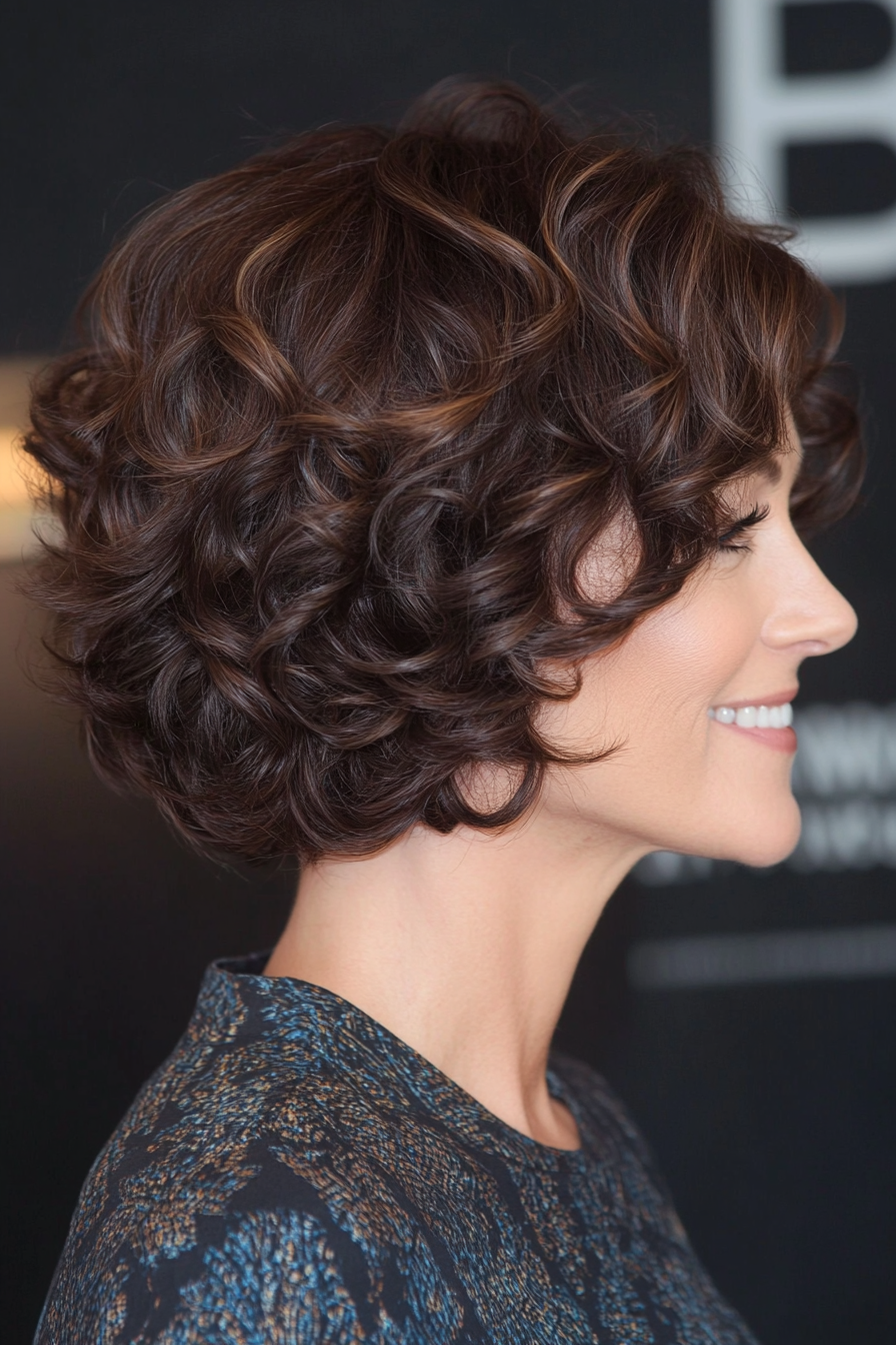 14. Bouncy Layered Bob with Espresso Brown Curls (Short Curly Haircuts For Older Women) - Short Curly Haircuts For Older Women