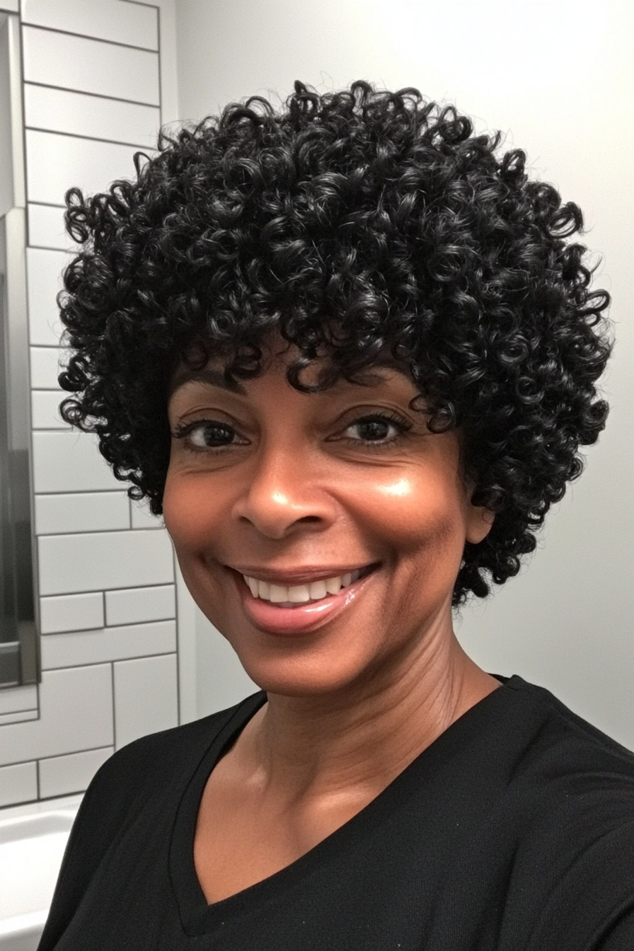 15. Mini Curly Afro with Jet Black Texture (Short Curly Haircuts For Older Women) - Short Curly Haircuts For Older Women