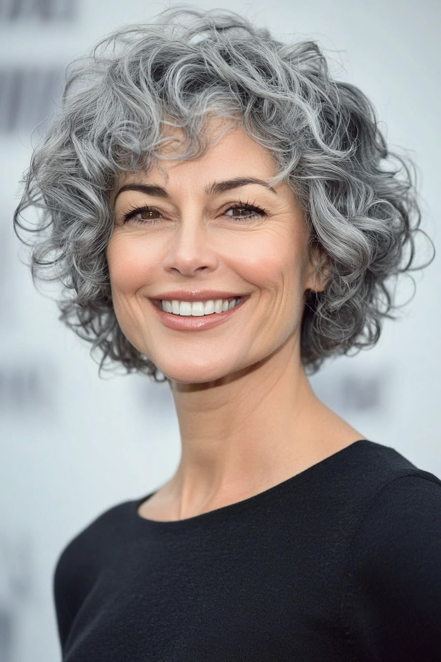 17. Messy Curly Crop with Neutral Gray Tones (Short Curly Haircuts For Older Women) - Short Curly Haircuts For Older Women