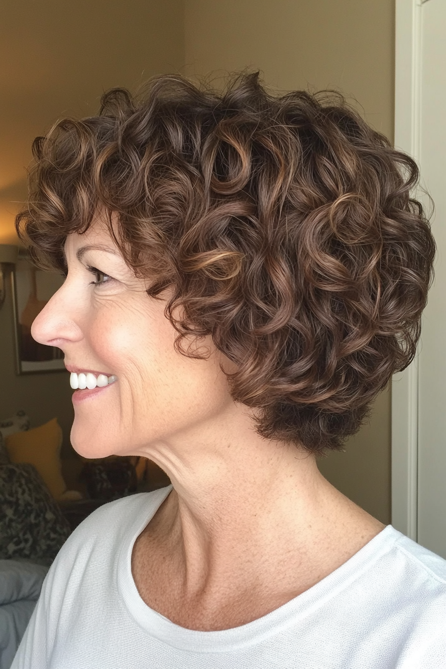 18. Layered Razor Cut with Warm Brunette Curls (Short Curly Haircuts For Older Women) - Short Curly Haircuts For Older Women