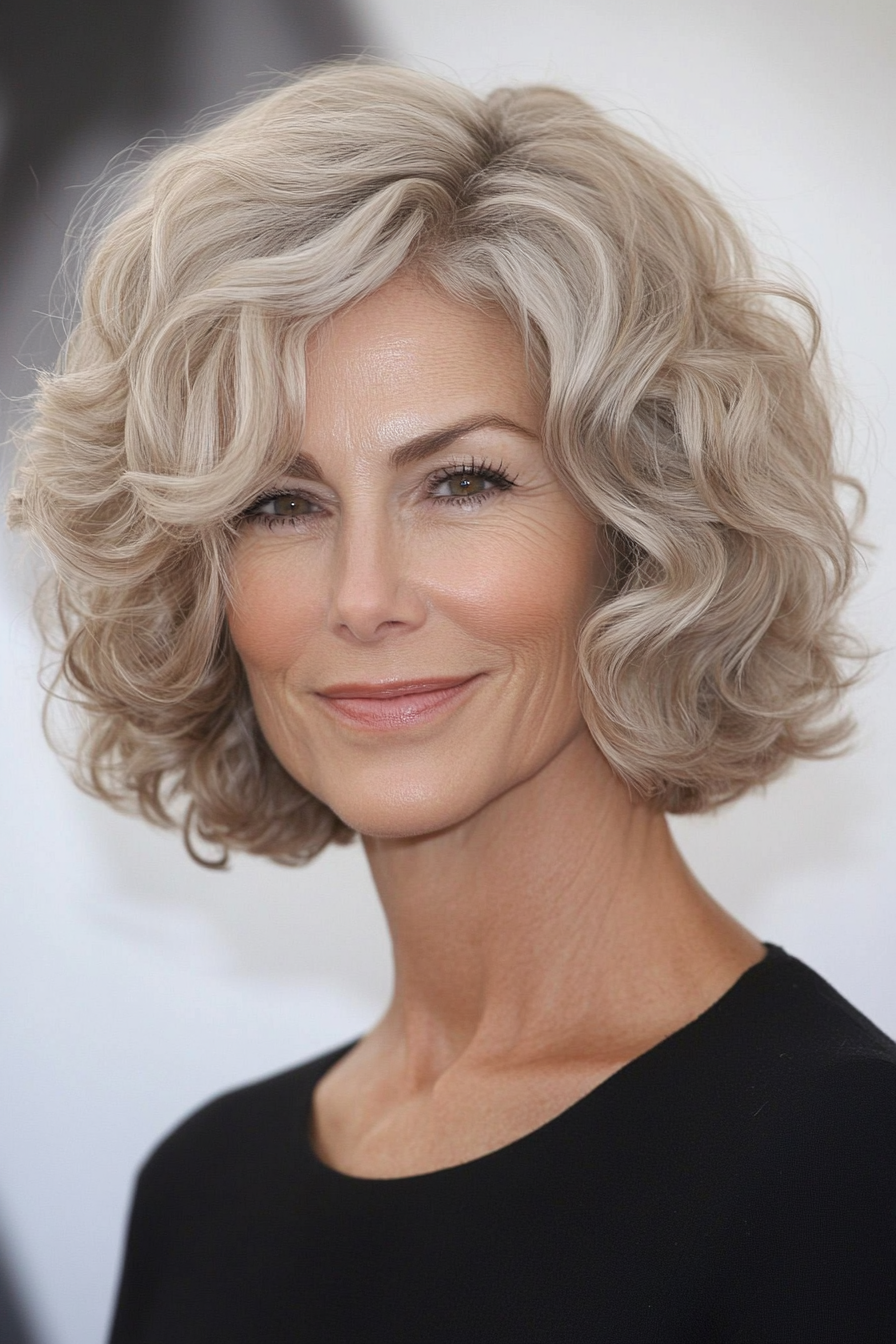 19. Short Angled Bob with Ashy Blonde Curls (Short Curly Haircuts For Older Women) - Short Curly Haircuts For Older Women