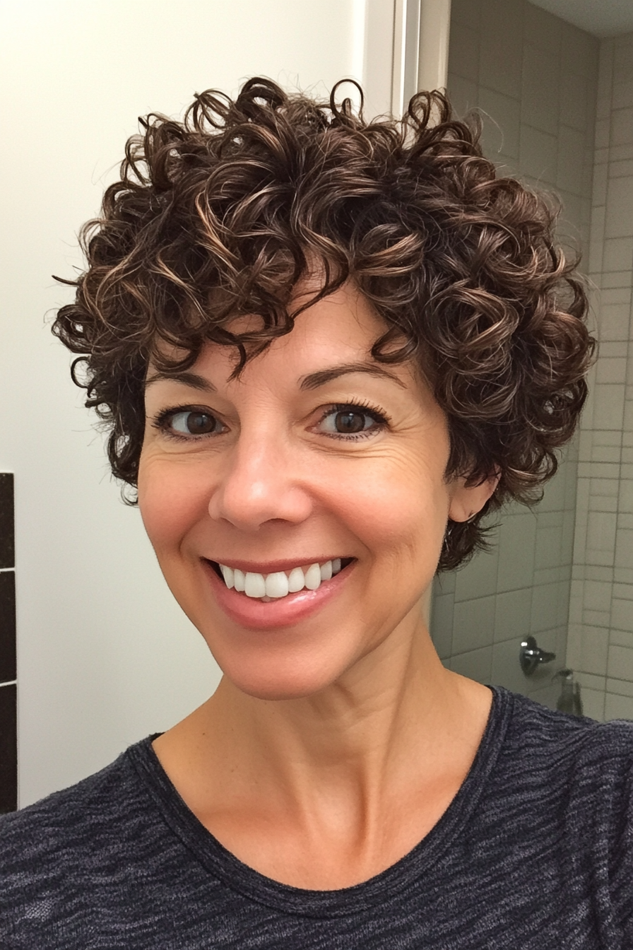 20. Tight Curls with Chestnut Pixie Taper (Short Curly Haircuts For Older Women) - Short Curly Haircuts For Older Women
