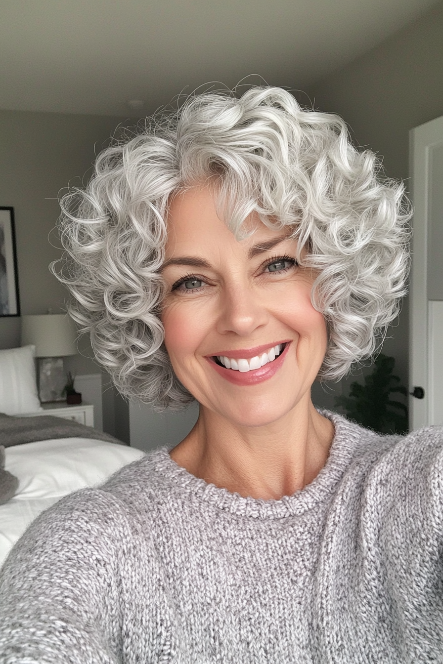 21. Classic Curly Crop with Silvery White Texture (Short Curly Haircuts For Older Women) - Short Curly Haircuts For Older Women