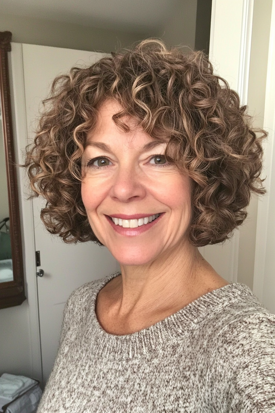 22. Short Curly Lob with Walnut Brown Base (Short Curly Haircuts For Older Women) - Short Curly Haircuts For Older Women