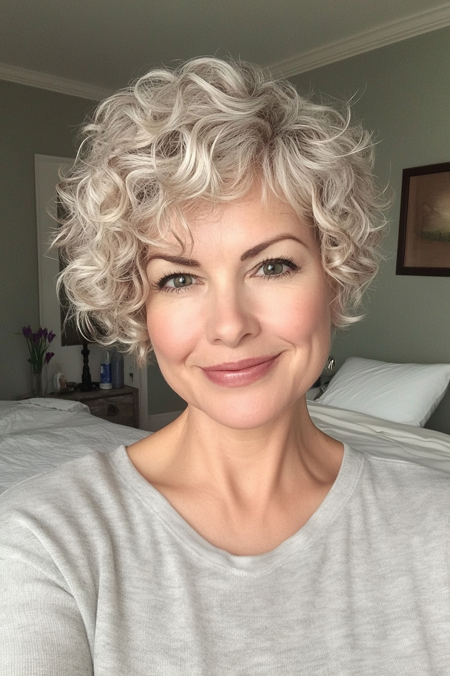 24. Pixie Bob with Champagne Blonde Curls (Short Curly Haircuts For Older Women) - Short Curly Haircuts For Older Women