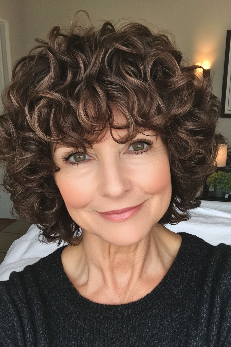 25. Tousled Curly Shag with Dark Chocolate Tones (Short Curly Haircuts For Older Women) - Short Curly Haircuts For Older Women