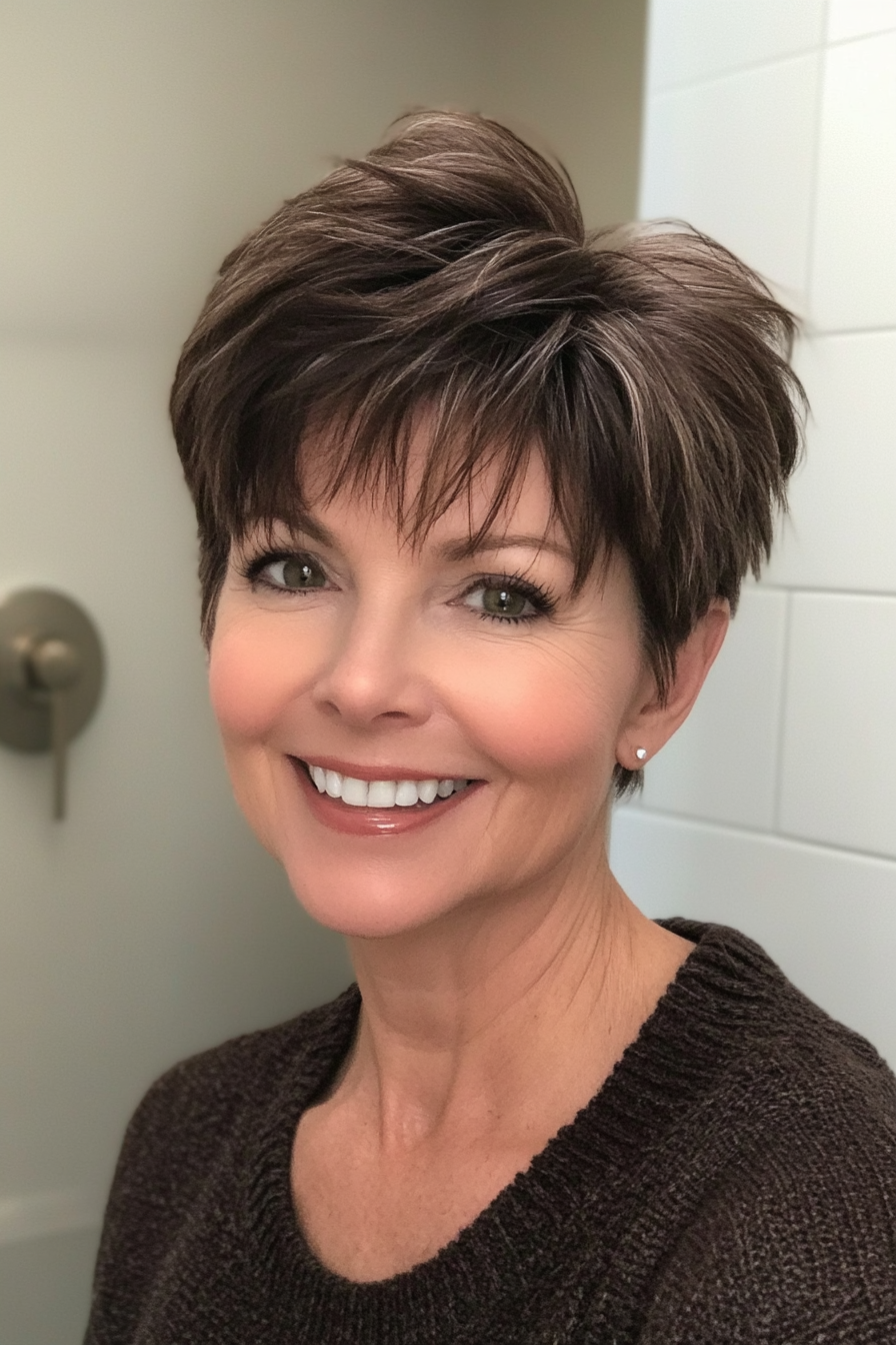 7. Chocolate Brown Wispy Pixie (Short Pixie Haircuts For Women Over 50) - Short Pixie Haircuts For Women Over 50