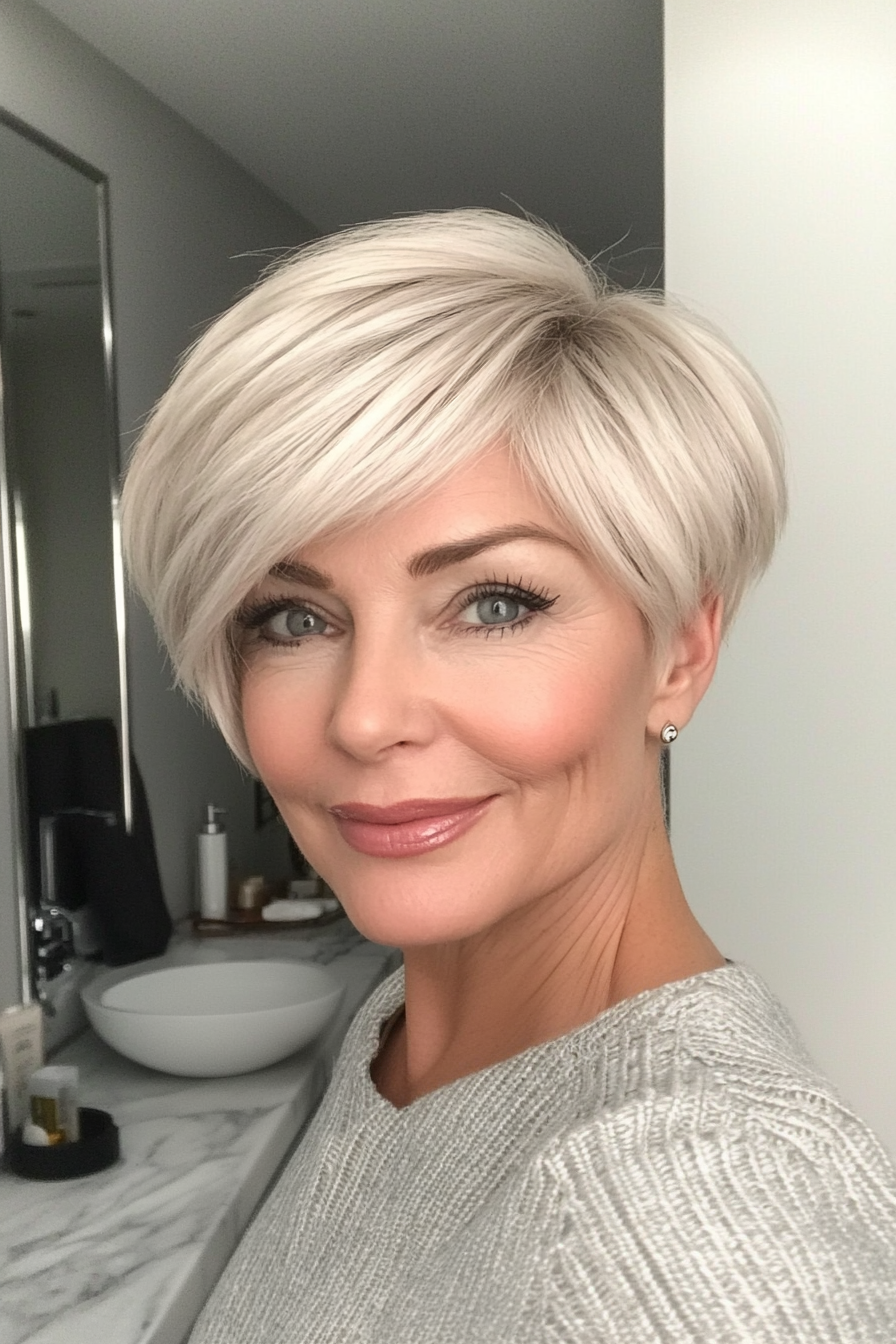 8. Icy Blonde Pixie with Side Bangs (Short Pixie Haircuts For Women Over 50) - Short Pixie Haircuts For Women Over 50