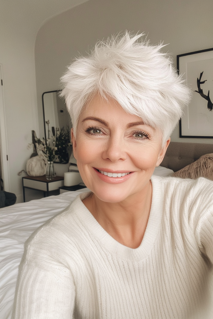 13. Snowy White Pixie with Crown Lift (Short Pixie Haircuts For Women Over 50) - Short Pixie Haircuts For Women Over 50