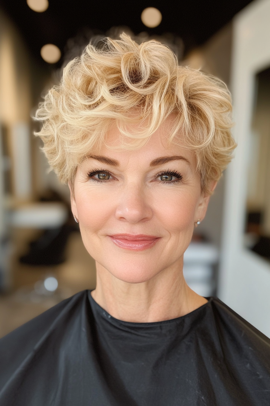 14. Honey Blonde Curly Pixie (Short Pixie Haircuts For Women Over 50) - Short Pixie Haircuts For Women Over 50