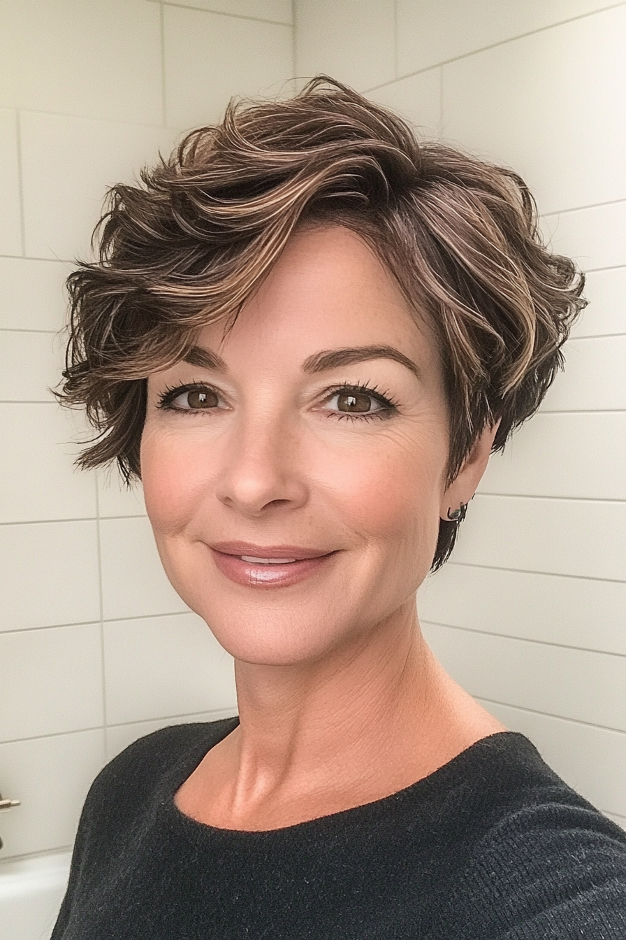 20. Earthy Brunette Wavy Pixie (Short Pixie Haircuts For Women Over 50) - Short Pixie Haircuts For Women Over 50