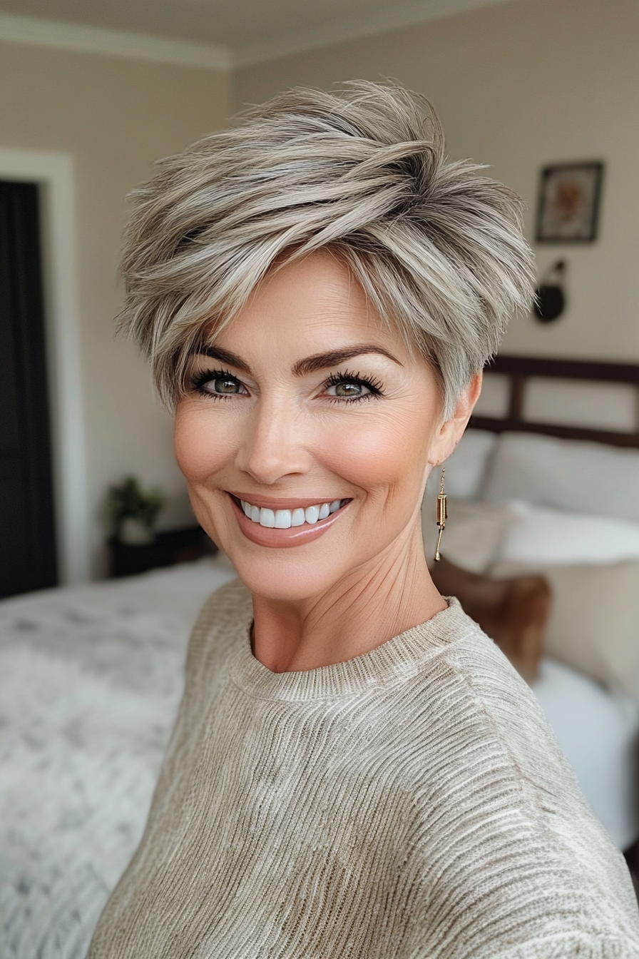 23. Beige Gray Pixie with Layered Top (Short Pixie Haircuts For Women Over 50) - Short Pixie Haircuts For Women Over 50