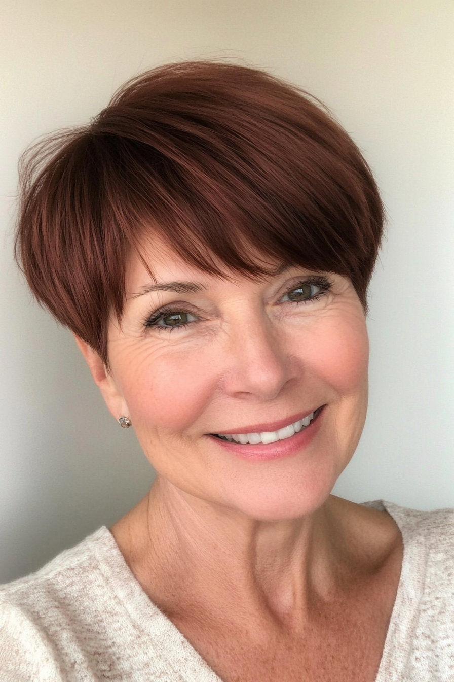 24. Dark Chestnut Pixie with Soft Side Bangs (Short Pixie Haircuts For Women Over 50) - Short Pixie Haircuts For Women Over 50
