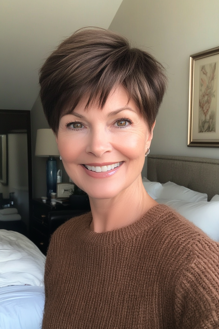 26. Natural Brunette Pixie with Tapered Neck (Short Pixie Haircuts For Women Over 50) - Short Pixie Haircuts For Women Over 50
