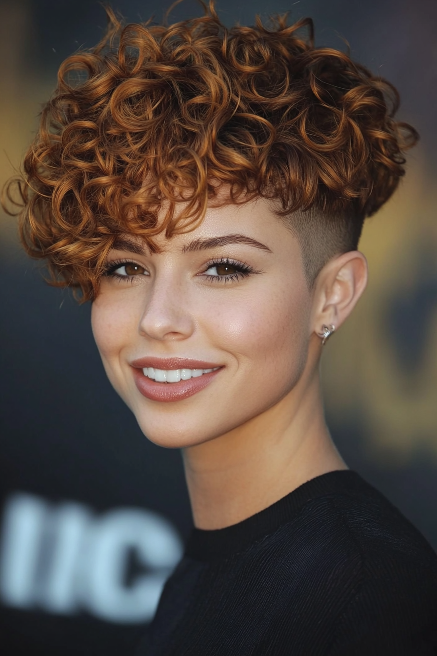 7. Golden Brown Curly Undercut Pixie (Pixie Curly Haircuts) - Pixie Curly Haircuts