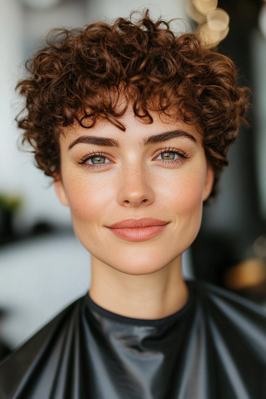 15. Warm Brown Shaped Curly Pixie (Pixie Curly Haircuts) - Pixie Curly Haircuts