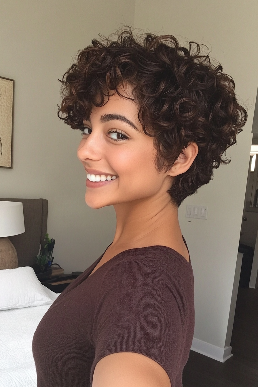16. Deep Brunette Side-Swept Pixie Curls (Pixie Curly Haircuts) - Pixie Curly Haircuts