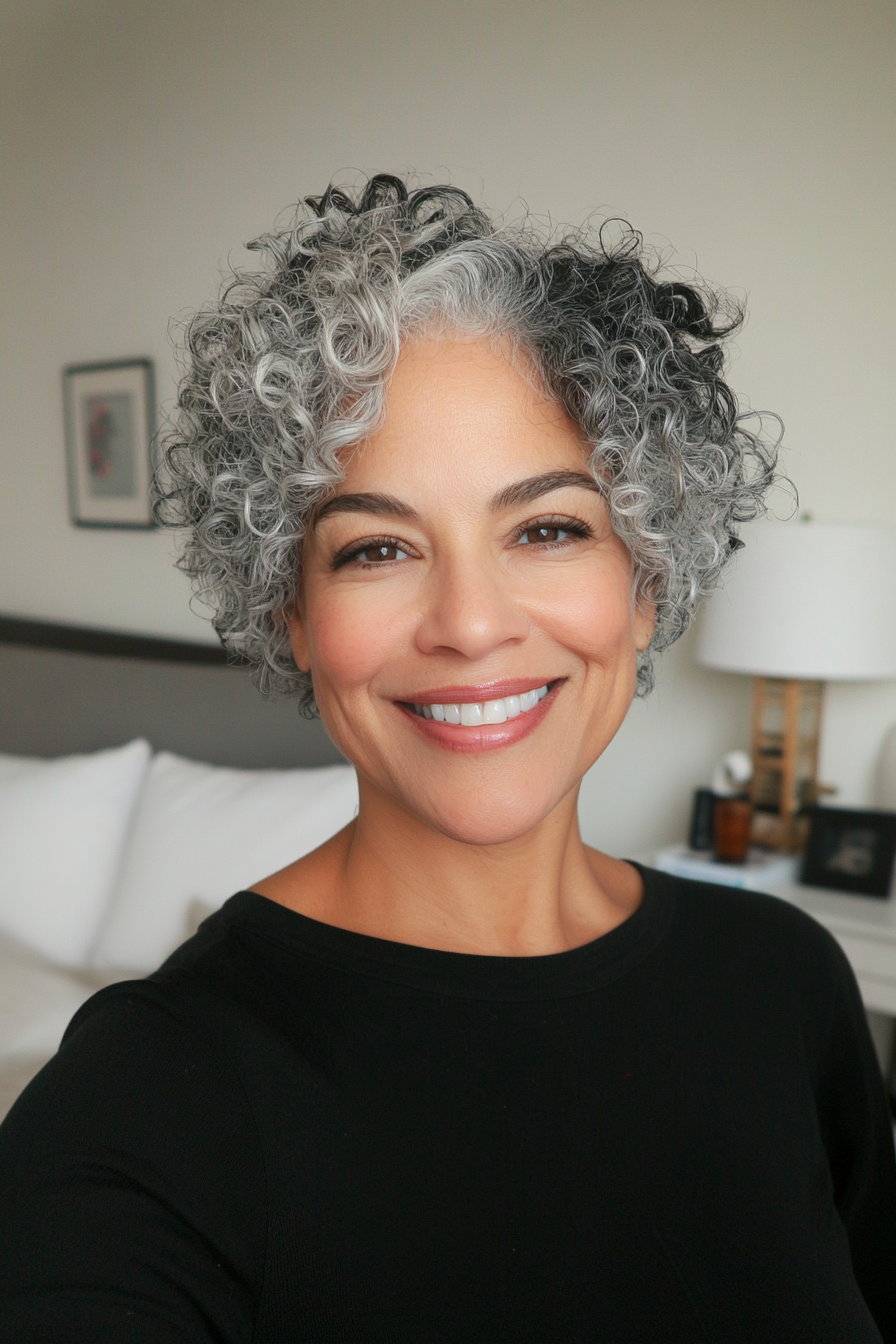 6. Curly Pixie in Salt and Pepper (Hairstyles For Older Women) - Hairstyles For Older Women