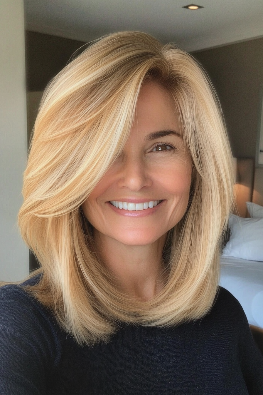 7. Side-Swept Lob in Honey Blonde (Hairstyles For Older Women) - Hairstyles For Older Women