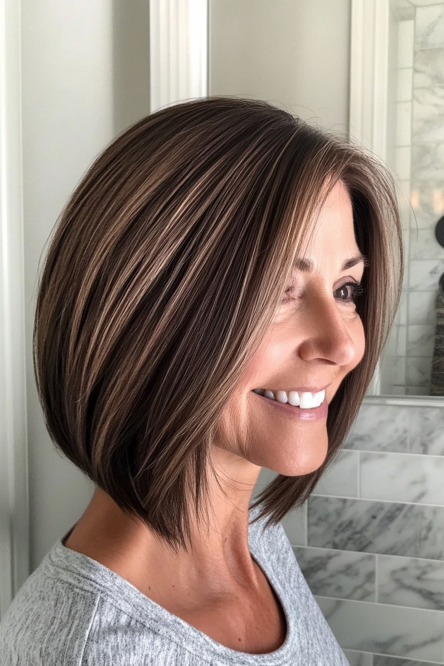 12. Angled Bob in Neutral Brunette (Hairstyles For Older Women) - Hairstyles For Older Women