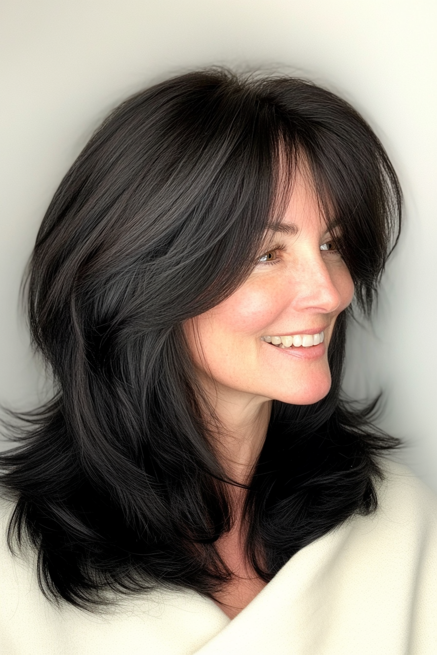 13. Layered Cut with Bangs in Soft Black (Hairstyles For Older Women) - Hairstyles For Older Women