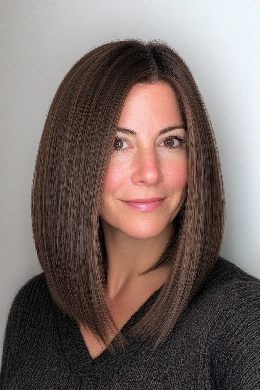15. Sleek Lob in Rich Espresso (Hairstyles For Older Women) - Hairstyles For Older Women