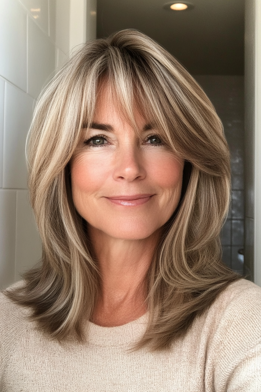 23. Shoulder-Length Cut with Curtain Bangs in Light Brown (Hairstyles For Older Women) - Hairstyles For Older Women