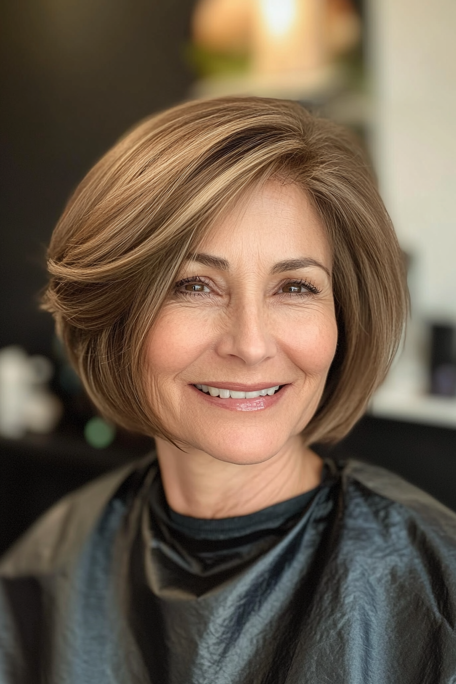 1. Feathered Bob with Soft Ash Brown Tones (Best Haircuts For Older Women) - Best Haircuts For Older Women
