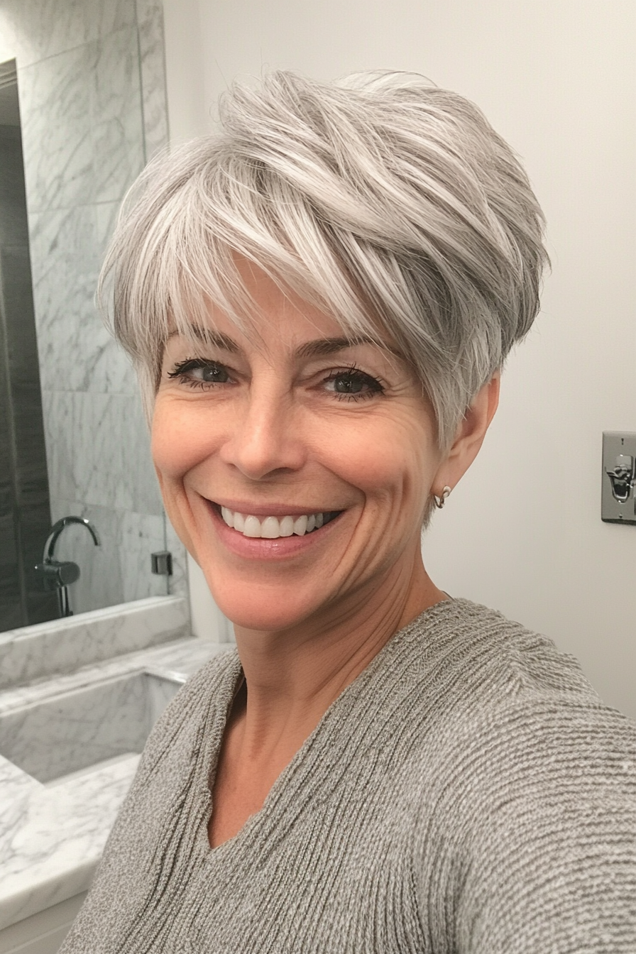 2. Layered Crop with Natural Silver Highlights (Best Haircuts For Older Women) - Best Haircuts For Older Women