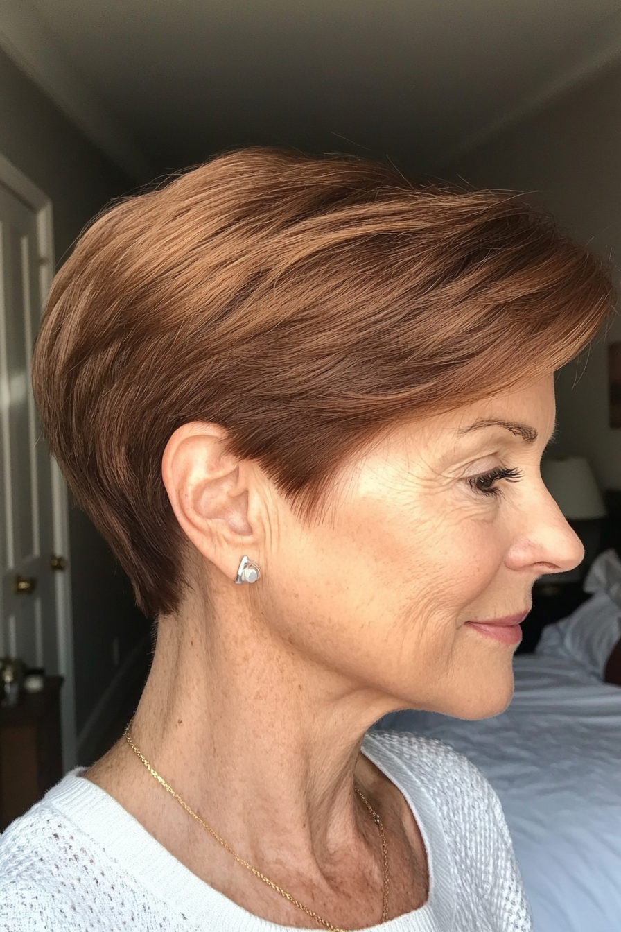 3. Tapered Pixie in Deep Chestnut (Best Haircuts For Older Women) - Best Haircuts For Older Women