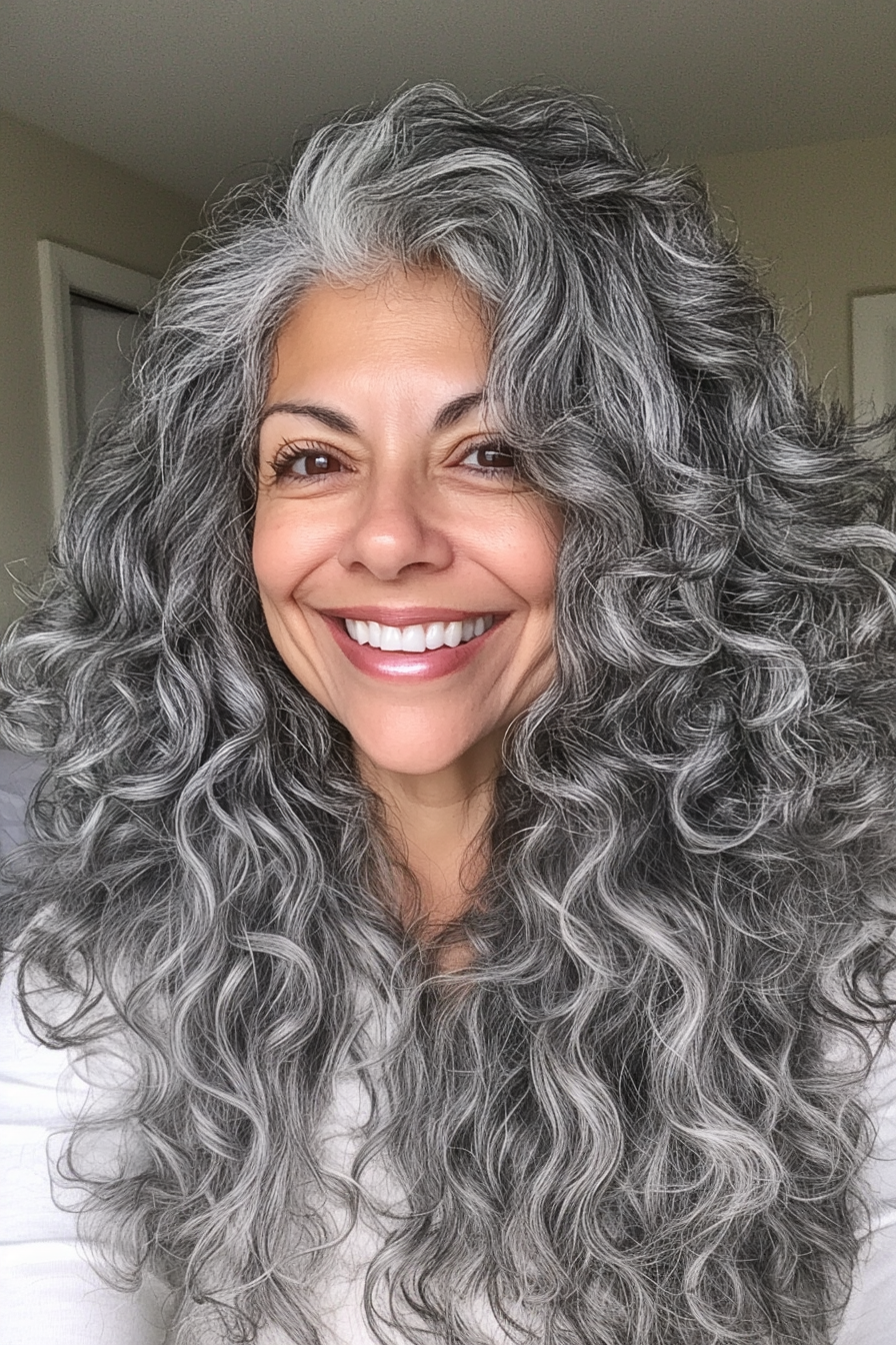 6. Voluminous Curls in Natural Gray (Best Haircuts For Older Women) - Best Haircuts For Older Women
