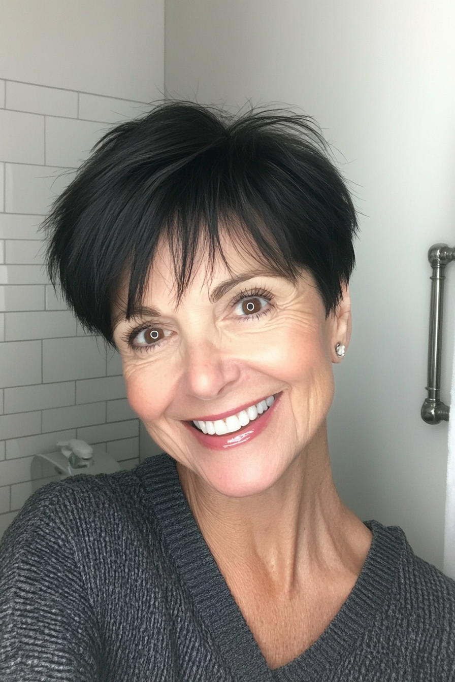 7. Short Wispy Pixie with Soft Black Base (Best Haircuts For Older Women) - Best Haircuts For Older Women