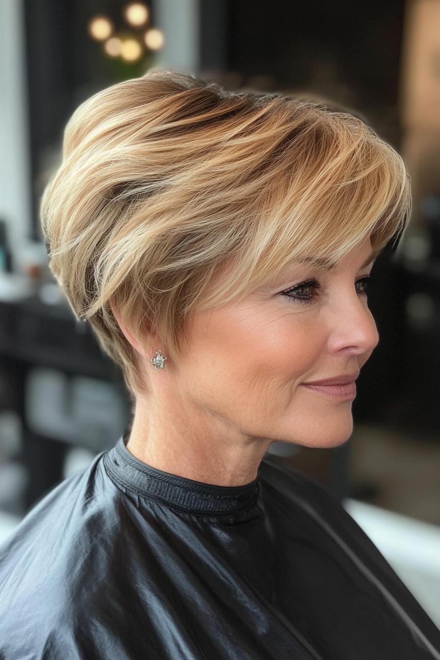 10. Side-Swept Pixie in Golden Blonde (Best Haircuts For Older Women) - Best Haircuts For Older Women